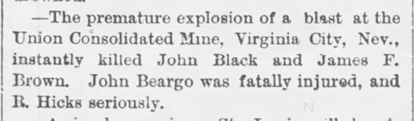 James F Brown in Virginia City, Nevada Death Notice reported Lake Geneva, Wisconsin